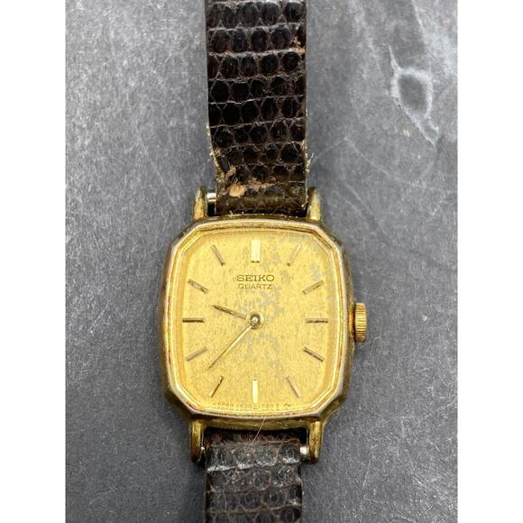 VTG Seiko Watch Women 18mm Gold Dial Gold Tone Octagon 1400-6009 Leather Band